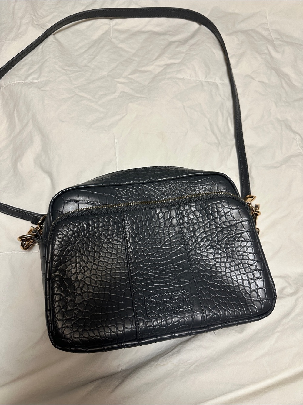 Slate gret Croc-Embossed Crossbody Bag - Sleek Everyday Bag Pom Pom London
